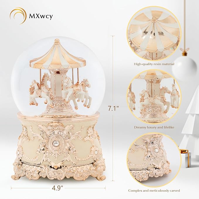 Carousel Music Box Rose Gold Christmas Snow Globes, 7.1" Glass Rotate Carousel Snow Globe for Kids & Adults, Classic Wind up Musical Snow Globe Valentines Day Gifts, Carousel Horse Home Decor