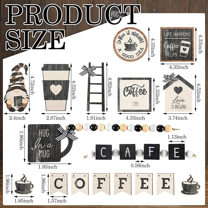 Mifoci 17 Pcs Coffee Tiered Tray Decorations Wooden Coffee Bar Decor Farmhouse Bar Accessories Gnome Wooden Table Sign for Table Kitchen Winter Valentines Gift