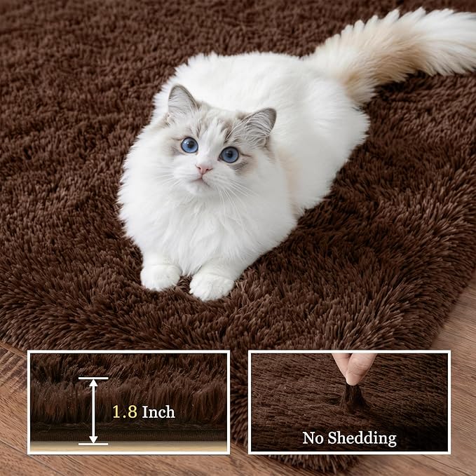 Fluffy 4x6 Area Rugs for Living Room Bedroom: Ultra Soft Shag Rug Non-Slip Non-Shedding Small Plush Bedside Rug Indoor Floor Carpets for Kids Room Playroom Entryway Nursery Dorms Home Decor Brown
