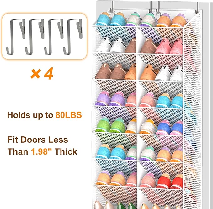 30 Pairs Over the Door Shoe Organizer, Breathable Mesh Pocket Hanging Shoe Storage for Closet, 10-Tier Door Shoes Rack, Handing Shoes Holder Fit All the Family's Sneakers, Boots, Heels, White