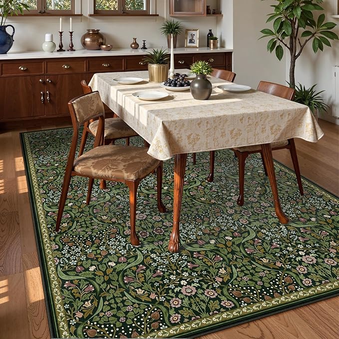 Moynesa Floral 10x14 Area Rugs for Living Room, Green Extra Large Rug for Bedroom Boho Washable Dining Room Rug, Non Slip Ultra Thin Soft Floor Carpet for Home Office Farmhouse, Green