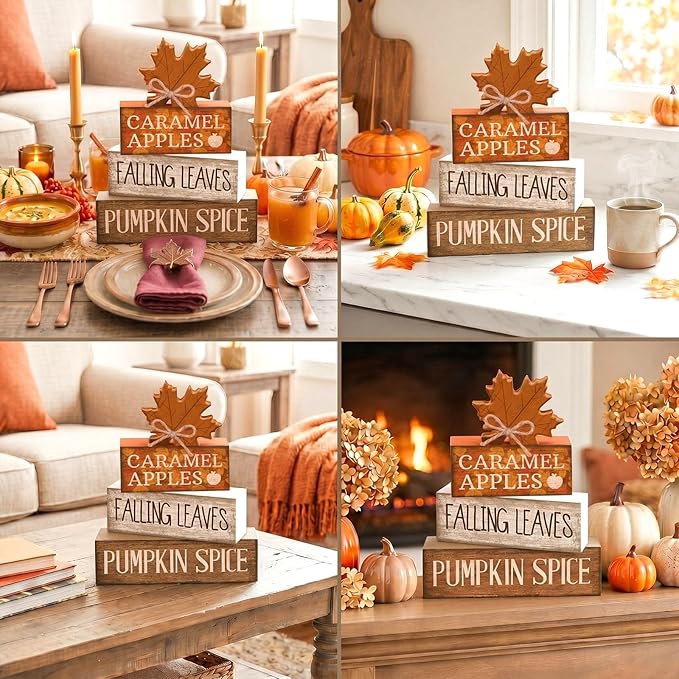 Moucuny 4 Pcs Fall Decor Wooden Maple Leaf Decoration Thanksgiving Tiered Tray Decor Rustic Wooden Maple Leaf Block Signs Thanksgiving Table Centerpiece Farmhouse for Autumn Harvest Party Kitchen Home