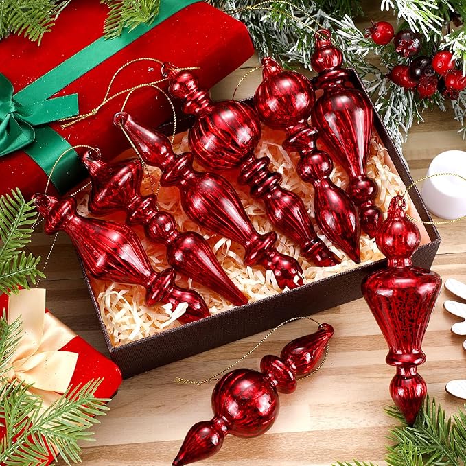 Mifoci 8 Pcs 6 Inch Mercury Glass Finial Christmas Ornaments Hanging Christmas Finials Glass Ornaments Assorted Mercury Decor for Vintage Holiday Xmas Tree Decoration(Red)