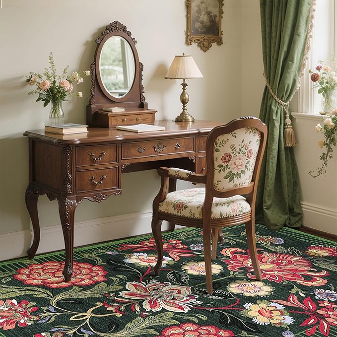 GarveeHome Forest Green Floral Christmas Washable Rugs 5x7 Area Rug for Living Room, Vintage Boho Cottage Throw Rugs Low Pile Carpet for Bedroom Dining Nursery Rug