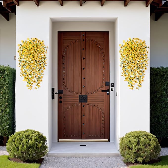 Artificial Hanging Flowers for Outdoors Faux Plants Decoration, 2 Packs Fake Silk Daisy Flower Realistic Outdoor Flowers UV Resistant Porch Patio Window Yard Outside Decor(Yellow)