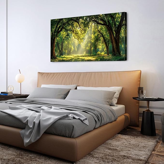 Green Forest Wall Art Panoramic Woodland Landscape Canvas Pictures Nature Wall Decor Sunrise Sunlight Trees Scenery Poster Living Room Bedroom Office Hallway Cabin Lodge Home Decoration 29.53x 57.87"