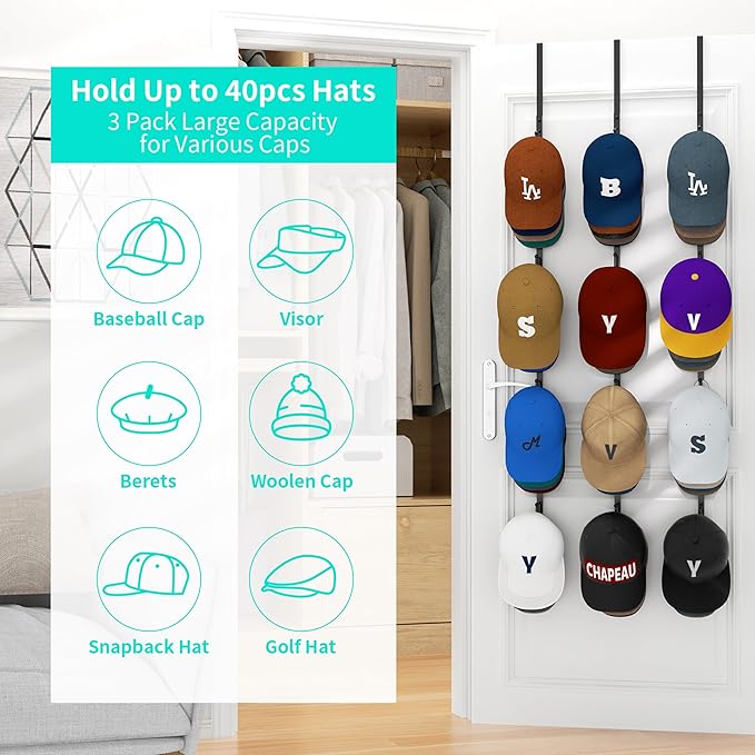 HapiRm Over Door Hat Rack - 3 Packs Hat Organizer with 12 Hooks Design, Hanging Baseball Cap Organizer Storage Holds Up to 60 Caps for Door, Bedroom, Closet (Black)