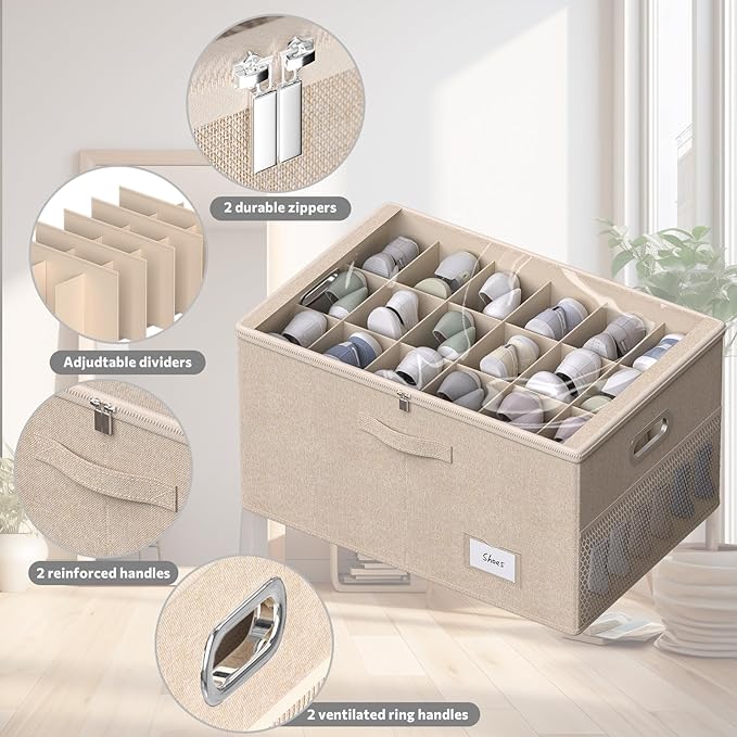 2 Pack Shoe Organizer for Closet Large Shoe Box Storage Containers with Clear Window Space Saving Shoe Bin with Foldable Bottom Support Adjustable Dividers Fits 36 Pairs (Beige, (24.4*16.5*13inch)x2)