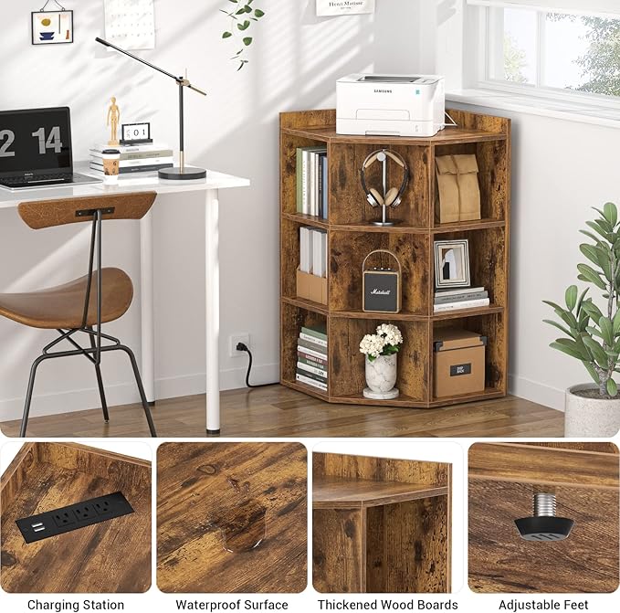 Aheaplus Corner Cabinet, Corner Storage with USB Ports and Outlets, Corners Cube Toy Storage for Small Space, Wooden Corners Bookshelf with 9 Cubes for Playroom, Bedroom, Living Room, Rustic Brown