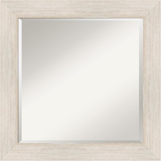 Amanti Art White Wall Mirror 25x25 Hardwood White Wash Square Bathroom Mirror for Wall Decor Living Room, Medium Country Rustic Wood Frame, Hangs Horizonally and Vertically, Bathroom Decor, Beveled