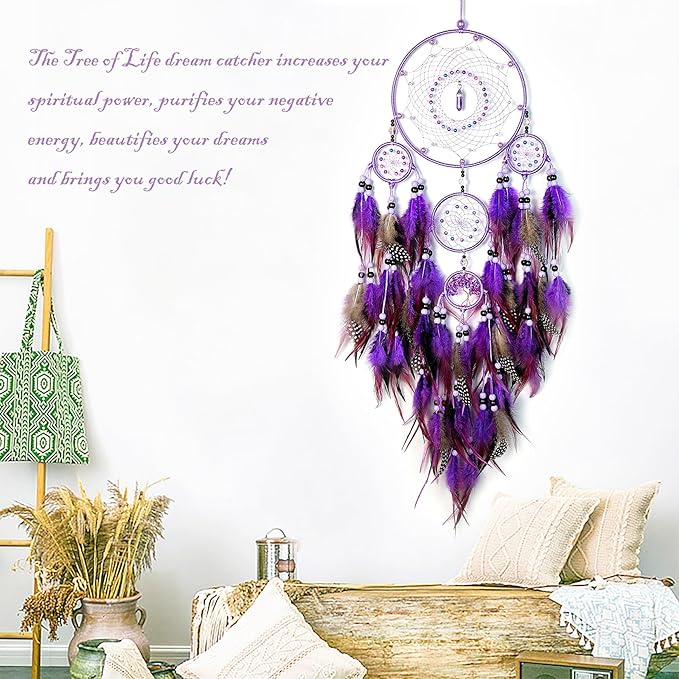 Large Dream Catchers, Boho Handmade Native Macrame Dream Catchers Wall Hanging for Bedroom Living Room Wedding Party Decor, Festival Blessing Gift for Kids Boys Girls (Purple & Black)