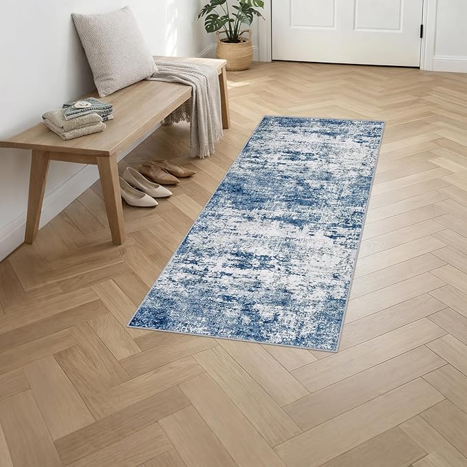 2'x5'Runner Rug Washable Rug: Modern Abstract Soft Thin Runner Rug Blue
