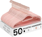 SONGMICS Pack of 50 Coat Hangers, Space-Saving Plastic Clothes Hangers, Non-Slip, 0.2 Inches Slim, 16.5 Inches Wide, 360° Swivel Rose Gold Hook, Light Pink UCRP20PK05