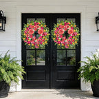 ICX 24 Inch Spring Wreaths for Front Door, Large Spring Summer Outdoor Door Wreath with Pink Peony Tulip Orchid, All Seasons Floral Wreath for Farmhouse Wall Porch Window Home Decor