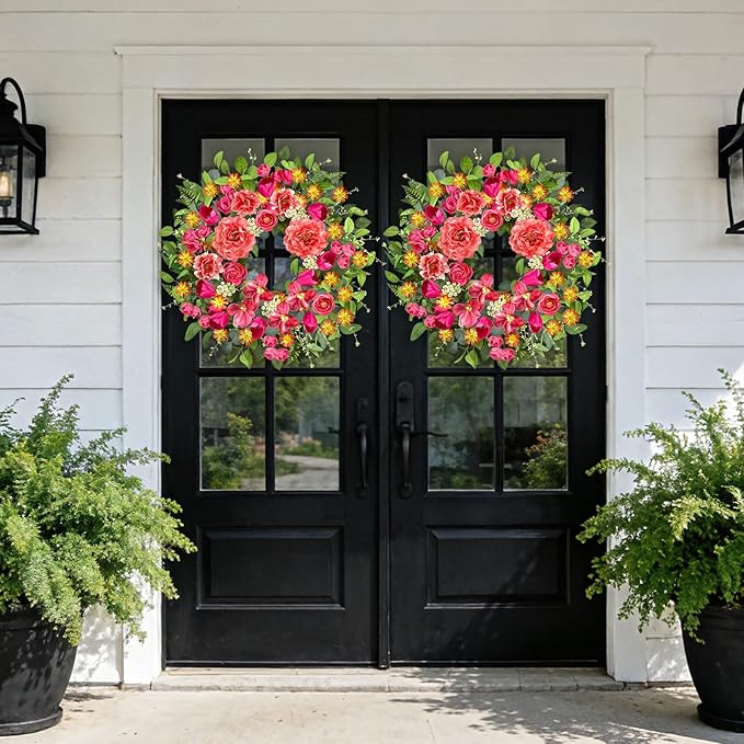 ICX 24 Inch Spring Wreaths for Front Door, Large Spring Summer Outdoor Door Wreath with Pink Peony Tulip Orchid, All Seasons Floral Wreath for Farmhouse Wall Porch Window Home Decor