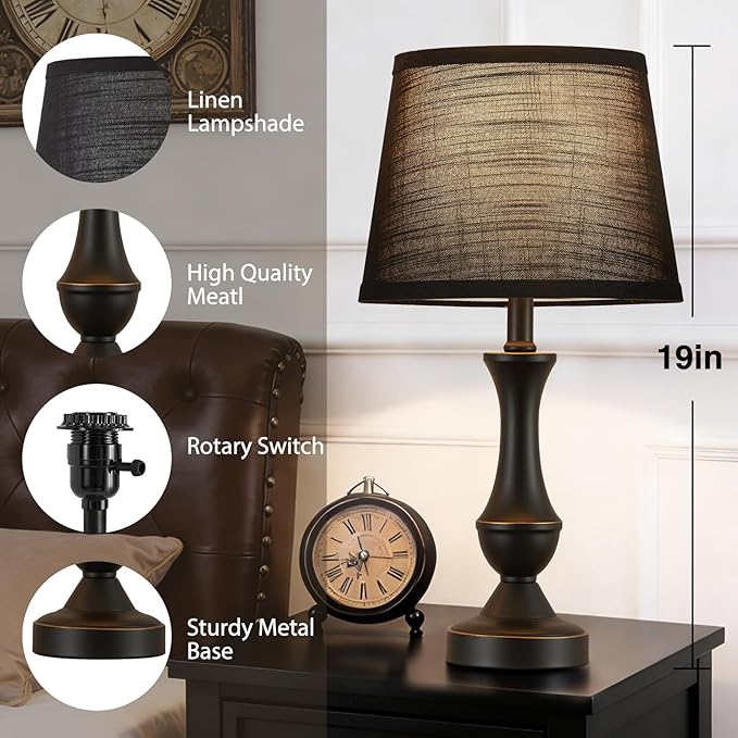 Luvkczc Table Lamp Set of 2, 19" Mordern Bedside Lamps for Living Room & Bedroom, Linen Shade Desk Lamps for Nightstand, Office, Study(Bulb not Included)