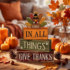 Moucuny 4 Pcs Fall Decorations for Home Wooden Turkey Decor Thanksgiving Tiered Tray Decor Thanksgiving Table Centerpiece Rustic Wooden Gobble Turkey Block Sign for Autumn Harvest Party Kitchen Shelf