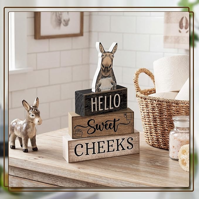 Moucuny 4 Pcs Donkey Bathroom Decor Set Farmhouse Bathroom Decor and Accessories Rustic Hello Sweet Cheeks Wooden Blocks Signs Funny Donkey Toilet Shelf Decoration for Home Office Half Bath
