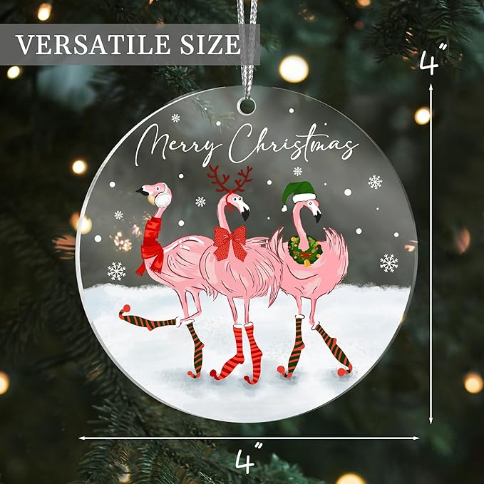 Jabihome Christmas Ornaments 2025, Exchange for Women, Men, Collectible Dated Year Ornaments for Tree, Unique Acrylic Suncatcher, Printed Stained Glass Effect Decor (Flamingo)