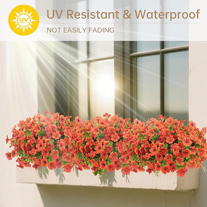 Artificial Faux Flowers Plants for Outdoors Outside Fall Autumn Decoration,12 Bundles Realistic Fake Mums Flowers Plant Greenery Silk Daisy UV Resistant Planters Balcony Porch Patio Garden Home Orange