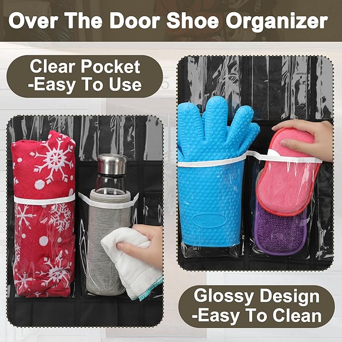 Over the Door Shoe Organizer with 40 Clear PVC Pockets – Waterproof Hanging Shoe Holder for Closet & Bathroom – Space-Saving Door Shoe Rack for Shoes, Toys, Toiletries & Snacks(Black)