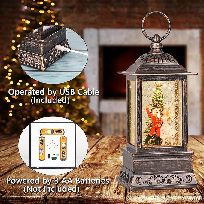 Christmas Snow Globe Decorations, Musical Glitter Nutcracker Lantern with 6H Timer, USB/Battery Powered Lighted Décor for Home, Tabletop, Gift Box