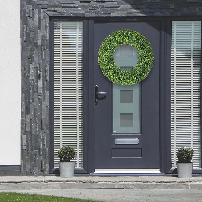 Spring Wreath, 20 inch Boxwood Wreaths for Front Door, Summer Wreaths with UV Protection, Green Artificial Wreath for Farmhouse, Room Indoors, Outdoors, Corridors, Offices, for All Seasons