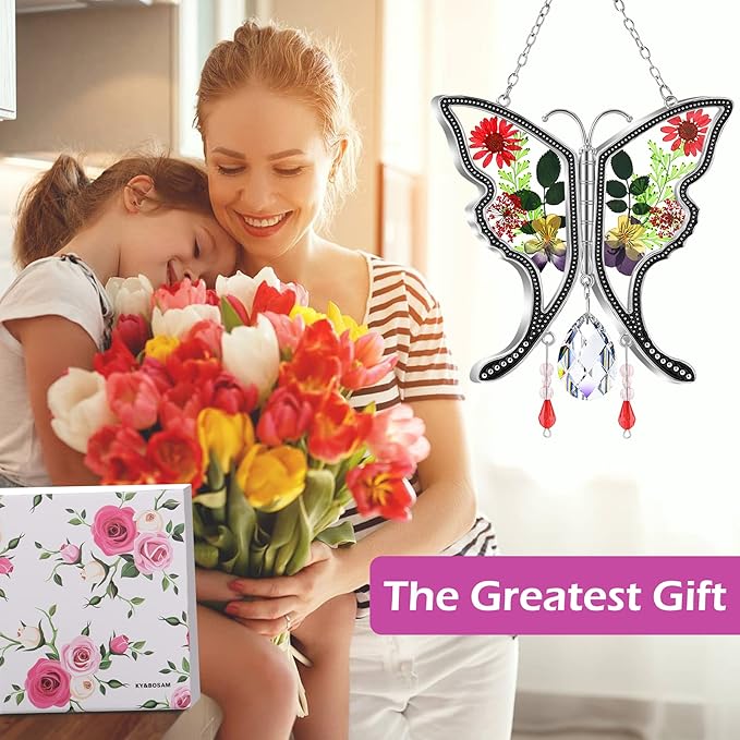 KY&BOSAM Butterfly Suncatcher Gifts for Mom Stained Glass Butterfly for Windows Hangings Wind Chime Ornament Pressed Rearl Flower Wings and Crystal Charm Birthday Gift for Mom Mother`s Day Christmas