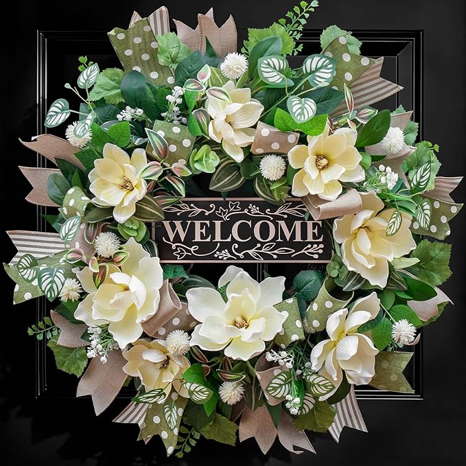 Spring Summer Wreaths for Front Door Outside 26 Inch, Magnolia Summer Wreath with Ribbons and Welcome Sign, Farmhouse Outdoor Spring & Summer Door Wreath for Front Door, Neutral Floral Decor