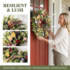 Lush Eucalyptus Wreath for Front Door - 24" Colorful Floral Wreath with 10+ Mixed Foliage & Blooms - All-Season Farmhouse Outdoor Wreath for Spring Summer Porch Wall Decor