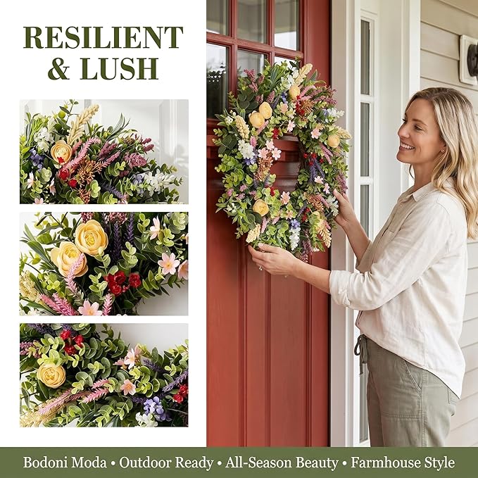 Lush Eucalyptus Wreath for Front Door - 24" Colorful Floral Wreath with 10+ Mixed Foliage & Blooms - All-Season Farmhouse Outdoor Wreath for Spring Summer Porch Wall Decor