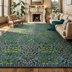 Lessymo Floral Extra Large Area Rug 10x14 for Living Room, Machine Washable Carpet for Bedroom, Soft Low Pile Non-Slip Rug for Dining Room Under Table, Boho Floral Design, Forest Green