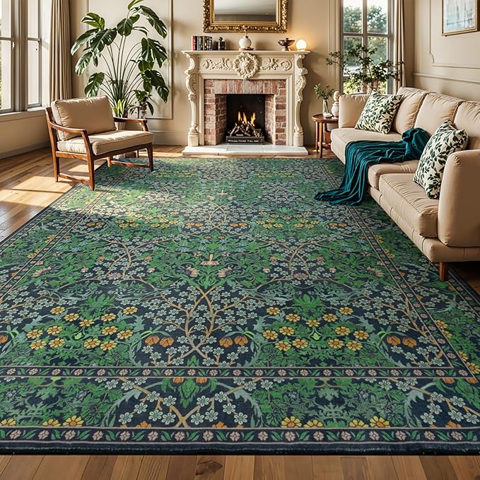 Lessymo Floral Extra Large Area Rug 10x14 for Living Room, Machine Washable Carpet for Bedroom, Soft Low Pile Non-Slip Rug for Dining Room Under Table, Boho Floral Design, Forest Green