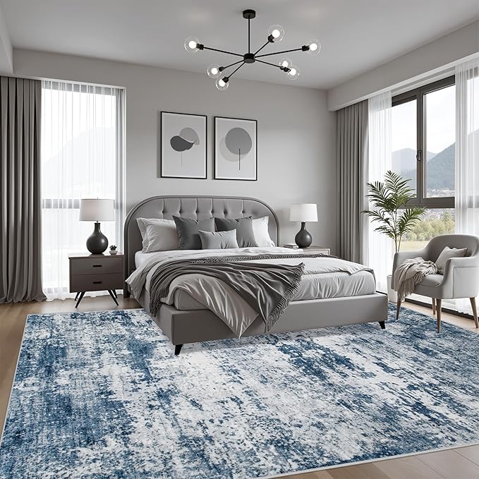 8x8 Area Rug Living Room Rug: Washable Modern Abstract Soft Thin Rug Indoor Floor No Slip Stain Resistant Carpet for Bedroom Dining Room Farmhouse Nursery Home Office - Blue