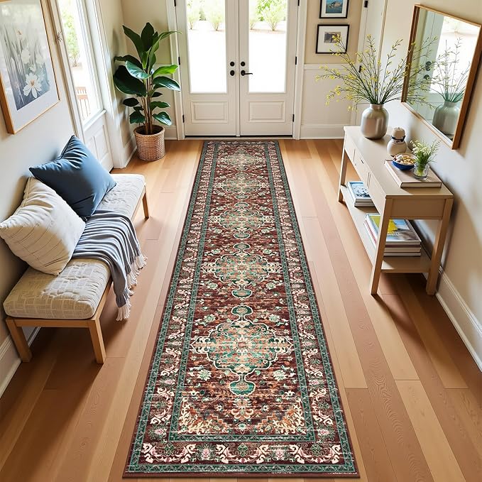 U'Artlines 3' x 14' Boho Hallway Runner Rug, Rust Non Slip Washable Vintage Farmhouse Accent Rug Carpet for Kitchen Entryway Laundry and Living Room (Rust＆Teal)