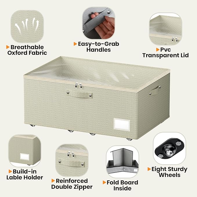 Dayacoco Underbed Storage with Wheels, 2 Pack Under Bed Storage Containers with Clear Lids, No Assembly Required 10.1 inch Rolling Under Bed Storage for Clothes, Beige