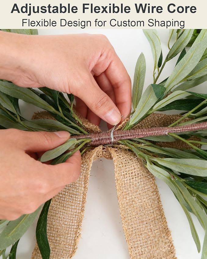 24" Handmade Artificial Olive Swag (2PC), Realistic Greenery Swag with Natural Burlap Bow, Easy to Hang Symmetrical Olive Branch Wreath for Front Door, Wedding Arch, Mantle & Farmhouse