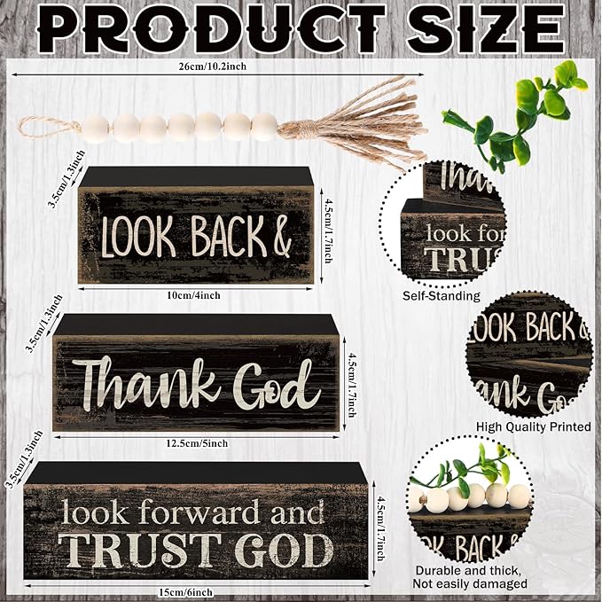 Moucuny 4 Pcs Farmhouse Table Decor Inspirational Wooden Signs Rustic Eucalyptus Leaves Wooden Block Sign Gift Thank and Trust God Farmhouse Table Centerpiece for Living Room Housewarming Gift