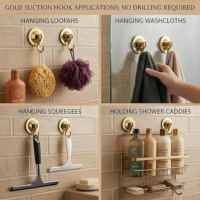 Powerful Suction Cup Hooks, Lightweight Vacuum Wreath Hanger for Glass Door & Window, 20 lbs Large Waterproof Towel Hooks for Bathroom Shower, Removable No-Drill Utility Hooks, Gold Chrome