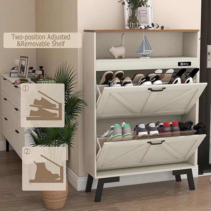 TaoHFE Deodorizing Shoe Organizer Cabinet Storage for Entryway,Shoe Cabinet Storage with 2 Flip Drawers,White Fluted Shoe Cabinet with Air-Purifier,Farmhouse Hidden Cabinet