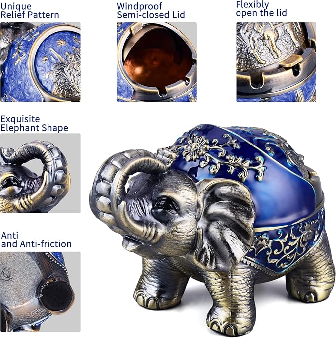 LAUYOO Metal Elephant Ashtray with Lid Windproof Ashtray Outdoor, Indoor Ash Tray for Weed, Vintage Practical Decoration Ashtrays for Cigarettes Great Gift for Men Women(NavyBlue)
