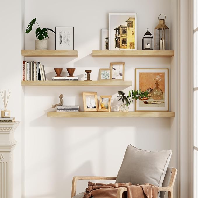 Wood Floating Shelves For Wall, 24”W x 9”D x 1.56”H Deep Wood Wall Shelves for Living Room Bedroom Bathroom Kitchen Drcor Storage with Invisible Heavy-Duty Metal Bracket, Natural Finish, Set of 2