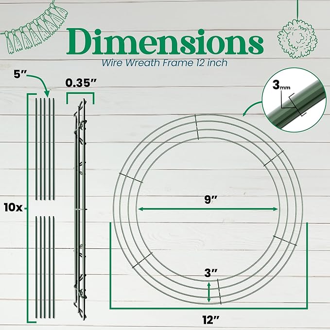 5-Pack Wire Wreath Frame – Round Metal Wreath Form with Ring Design for DIY Crafts, Floral Projects, and Home Decor – Dark Green Wire Frame for Christmas Holiday & Weddings (5, 12 Inches)