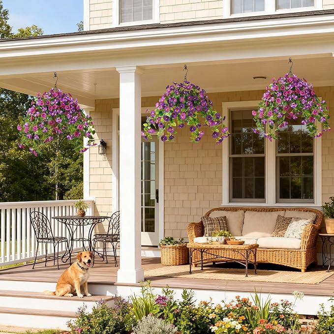 Homsunny Artificial Hanging Fake Flowers with Basket Plants for Outdoor Spring and Summer Decoration, Faux Silk Flower UV Resistant Morning Glory for Home Porch Patio Garden Balcony Yard Look Real