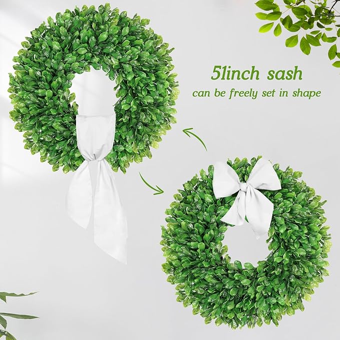 Vlorart 24 Inch Faux Round Boxwood Wreath, Weatherproof Front Door Large Wreaths Artificial Spring Summer Greenery Wreath with Sash for Farmhouse Wedding Year Round Indoor and Outdoor