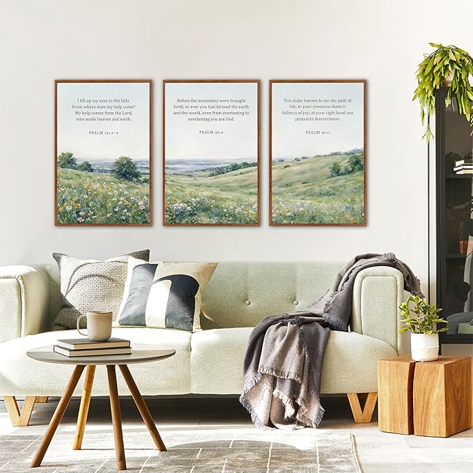 KAlRNE Natural Christian Framed Canvas Wall Art Set of 3(24”X36”),Religious Bible Verse Wall Decor,Vintage Inspirational Scripture Painting,Botanical Green Art Prints For Living Room Bedroom Church