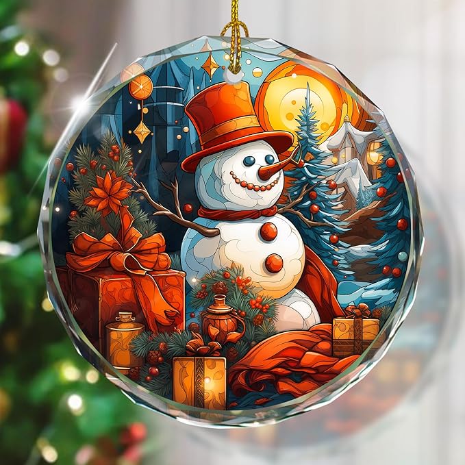 Stained Glass Snowman Ornament - Christmas Tree Decoration, Gift for Holidays