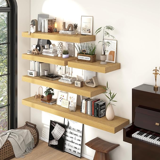 FLYJOE 36 Inch Long Floating Shelves for Wall Set of 1, 12" D Wood Grain Bathroom Shelves with Invisible Brackets, Easy Install Engineered Wood Storage Shelves for Kitchen, Living Room, Bedroom