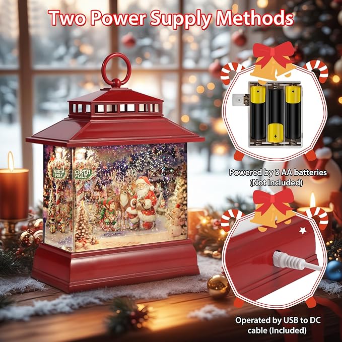 Christmas Snow Globe Lantern Water Glittering Lantern with 8 Songs & 6H Timer Romote Control Christmas Snow Globes USB & Battery Operated for Christmas Festival Decorations Gifts (Santa and Reindeer)