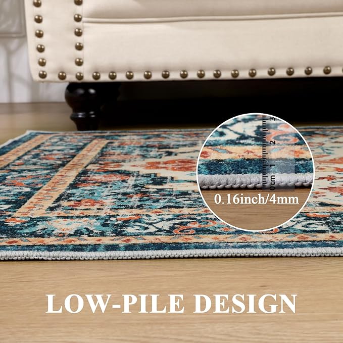 U'Artlines Boho Vintage Area Rug 3x5 Machine Washable Low Pile Soft Floor Carpet Non Slip Non Shedding Accent Rug for Living Room Bedroom Entryway Dining Room Office Orange/Multi